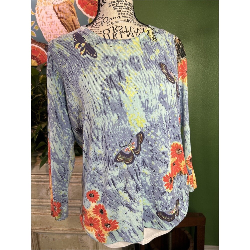 Vintage 90s Ambra Bright Floral Butterfly Blouse Large Boho Bright Artsy